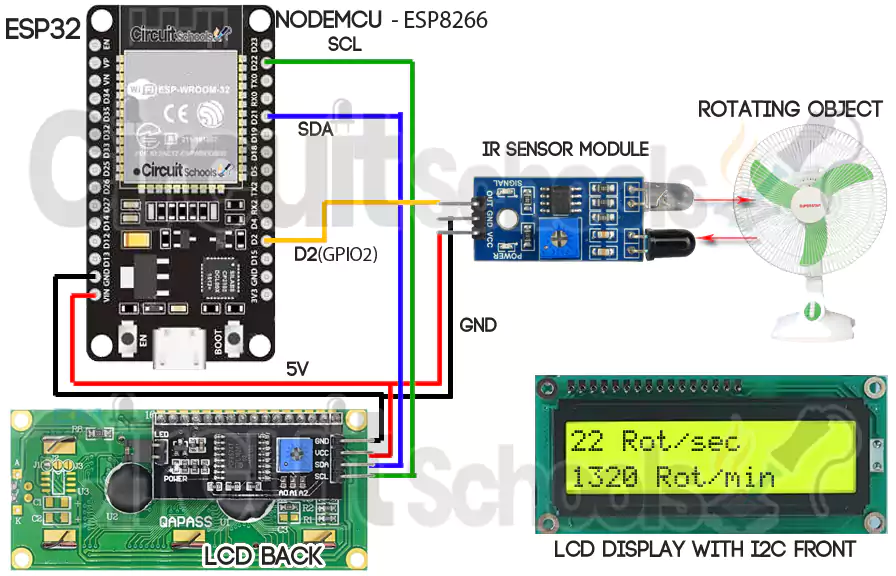 diy tachometer interfacing esp32 and ir sensor with lcd display