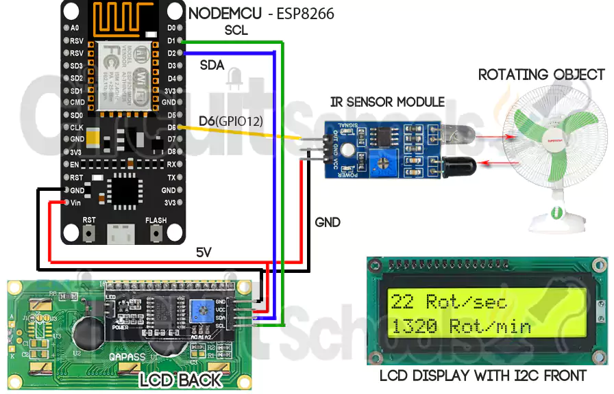 diy tachometer interfacing esp8266 nodemcu and ir sensor with lcd display