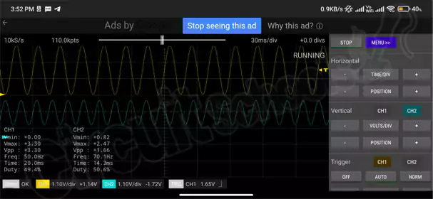 Testing External Signals with smartphone oscilloscope using Raspberry pi pico