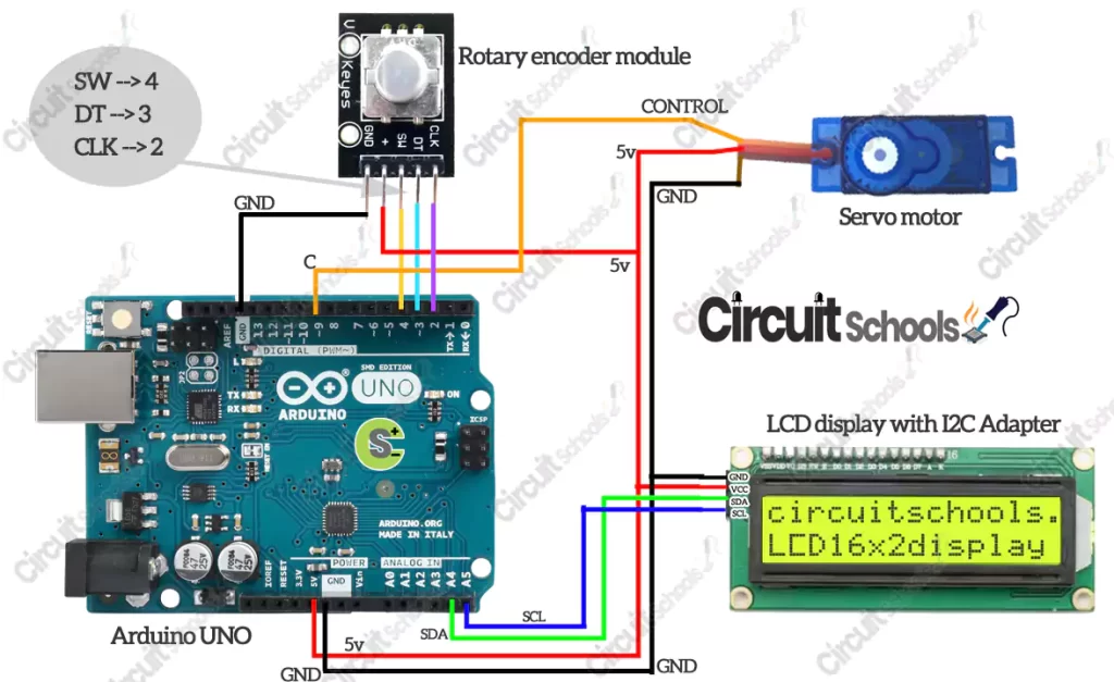 control servo motor with rotary encoder using arduino and display angle on lcd display circuit diagram
